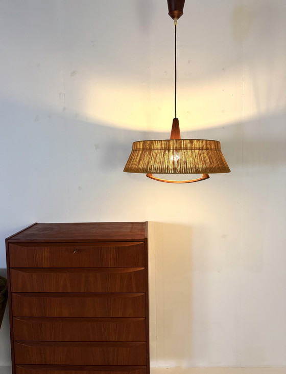 Image 1 of Lampada a sospensione vintage in teak e sisal, Temde Leuchten '60