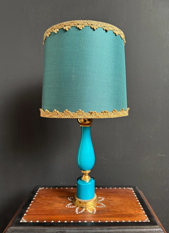 Lampe opaline turquoise laiton années 60, Verre (photo 2 sur 13)