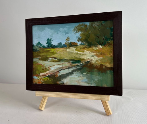 Original Oil Painting Summer Bridge Landscape The road to the village