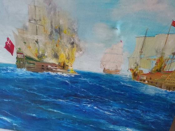 Image 1 of Gran Óleo sobre lienzo batalla Naval firmado 