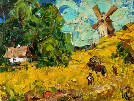 Image 1 of Origineel olieverfschilderij: Landschap met een zomerhuisje en de middag in het dorp