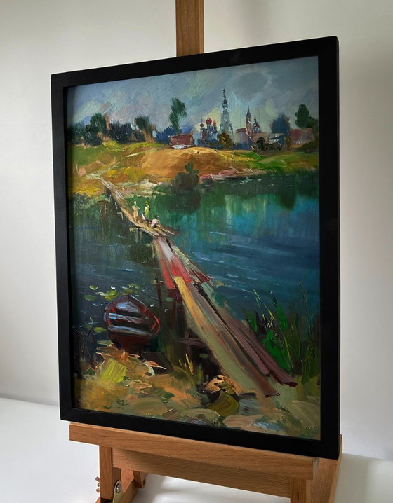 Original Oil Painting Rural Landscape Children Are Walking by the River – Paintings & Drawings, Mdf (photo 3 of 9)