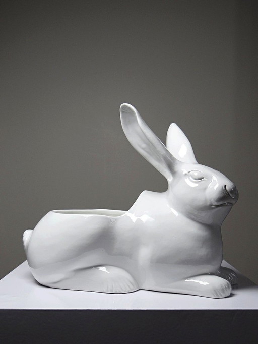 Jardinière/Pot Lapin blanc en faïence Italienne vintage