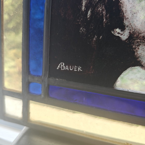 Handgemaakt Glas-in-lood Paneel – Gesigneerd A. Bauer – Moeder Met Kind – Glaskunst (photo 7 of 9)