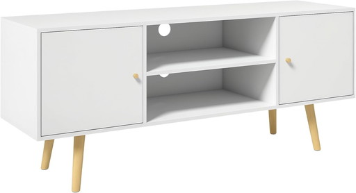 HOMCOM Meuble TV Banc TV Style scandinave 2 Portes 2 niches Pieds en Bois pin Panneaux Blanc - 120 x 34 x 50 cm