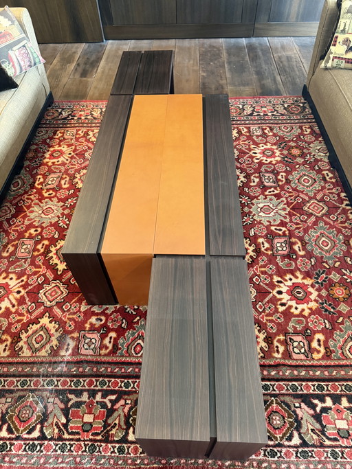 Custom-made, asymmetrical coffee tables (twin) of Macassar wood with orange calfskin details.