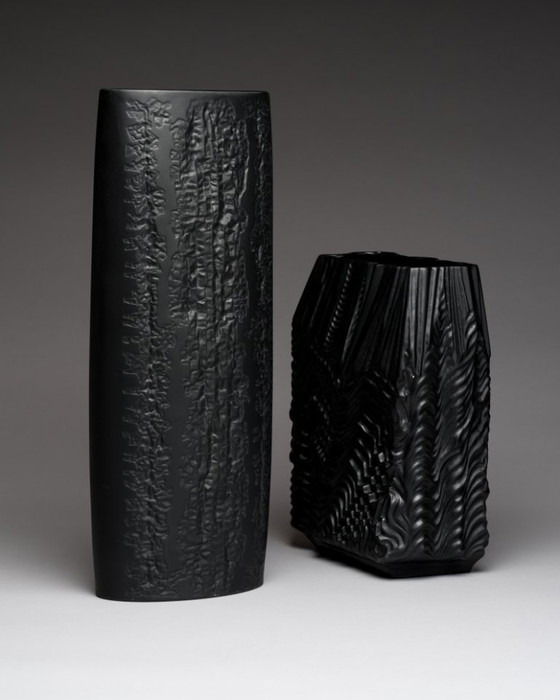 Image 1 of Zeldzame Martin Freyer Rosenthal Bisque Porcelaine Noire Vaas Duo Brutalist Op-Art