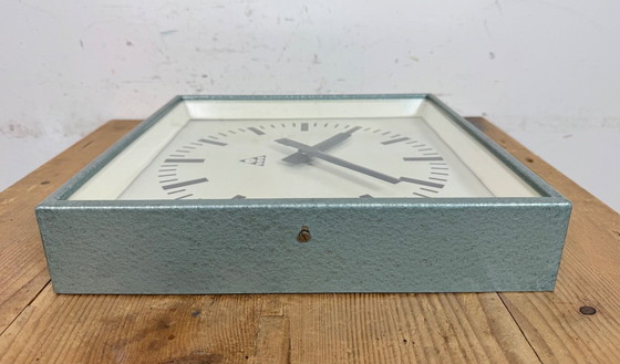 Image 1 of Green Industrial Square Wall Clock from Pragotron, 1970s