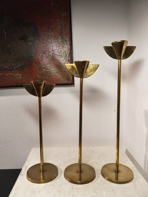 Image 1 of 2448 Vintage design eighties Memphis style brass candlesticks