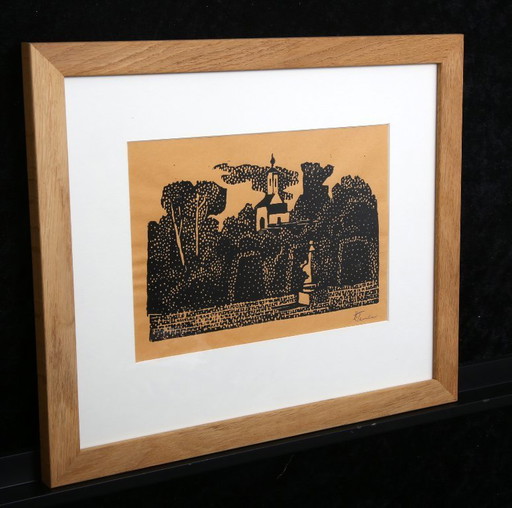 Teuber, Hermann - Petite église - Linogravure - encadrée - signée à la main