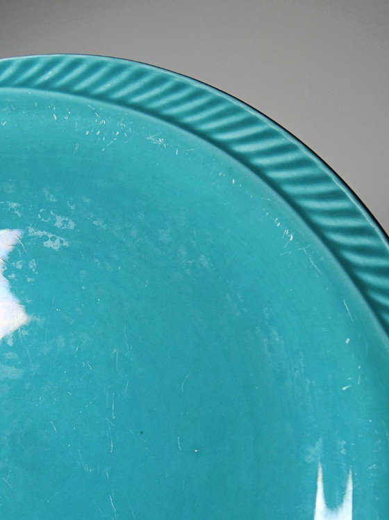 Image 1 of Set of 5 vintage turquoise earthenware fish plates from the 1960s-70s