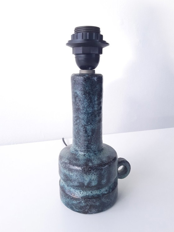 Image 1 of Blue turquoise ceramic lamp base with shades of black, vintage earthenware mcm lamp base