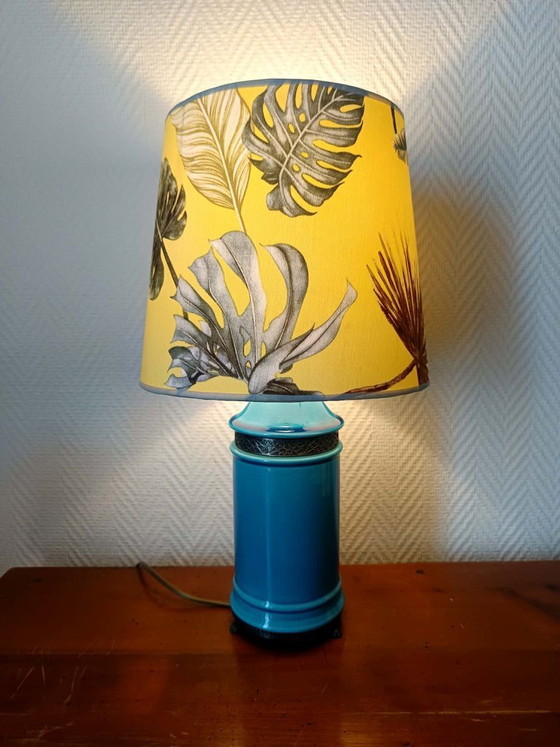 Image 1 of Blue ceramic lamp with claw feet and foliage lampshade