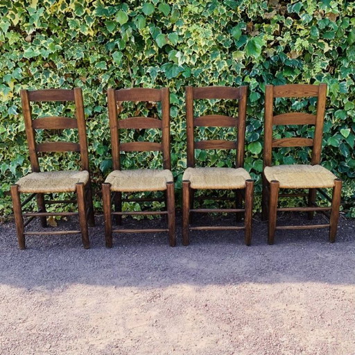 Ensemble de 4 chaises paillées artisanales en chêne massif