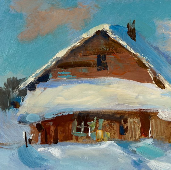 Image 1 of Original Oil Painting Winter Houses Landscape Winter comfort