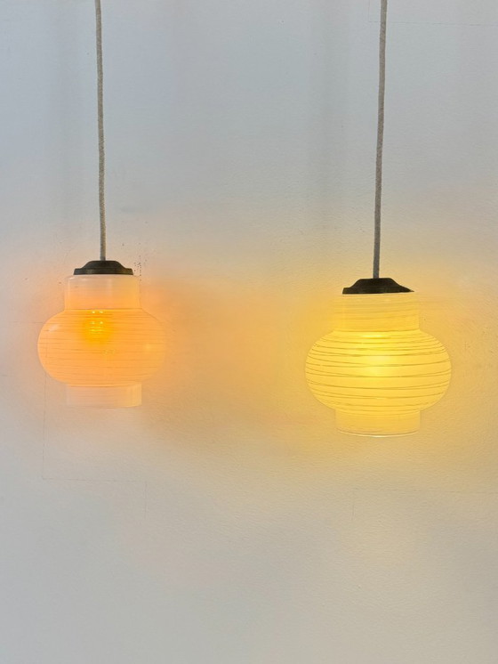 Image 1 of Pair of vintage pendant lights, white blown glass, France, 1970