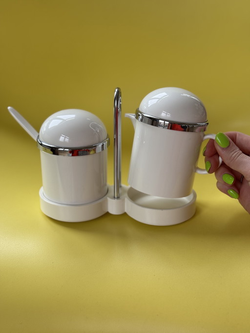 Vintage Emsa milk and sugar set - retro white plastic & chrome - West German design 1970s/80s