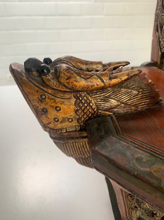 Image 1 of Antique 19th-C. Chinese Carved Wood Tea Caddy – Phoenix & Dragon Motifs 