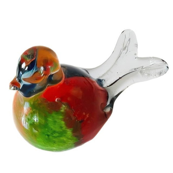 Image 1 of Vintage mondgeblazen multicoloured vogelsculptuur glas presse-papier glazen vogeltje murano stijl vogelbeeldje 1980's
