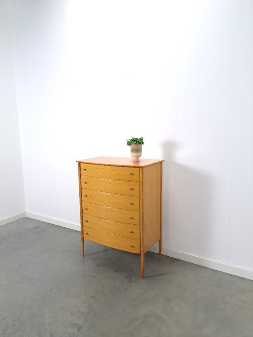 Cómoda alta y curva de mediados de siglo con 6 cajones