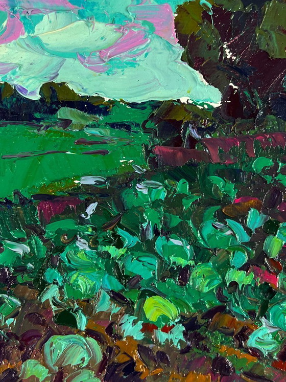 Image 1 of Original Oil Painting Rural Landscape Vegetable Garden in Front of the House