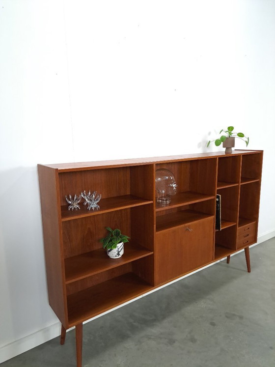 Image 1 of Danish teak wide LP cabinet with shelves, drawers and bar with mirror