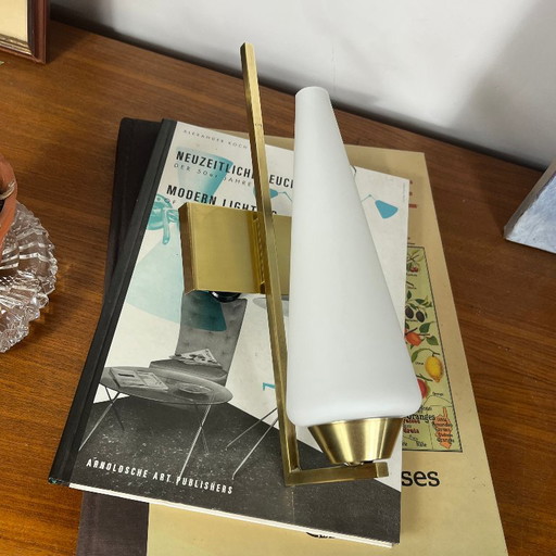 Vintage brass Wall light with white glass spindle tulip 1950 1960