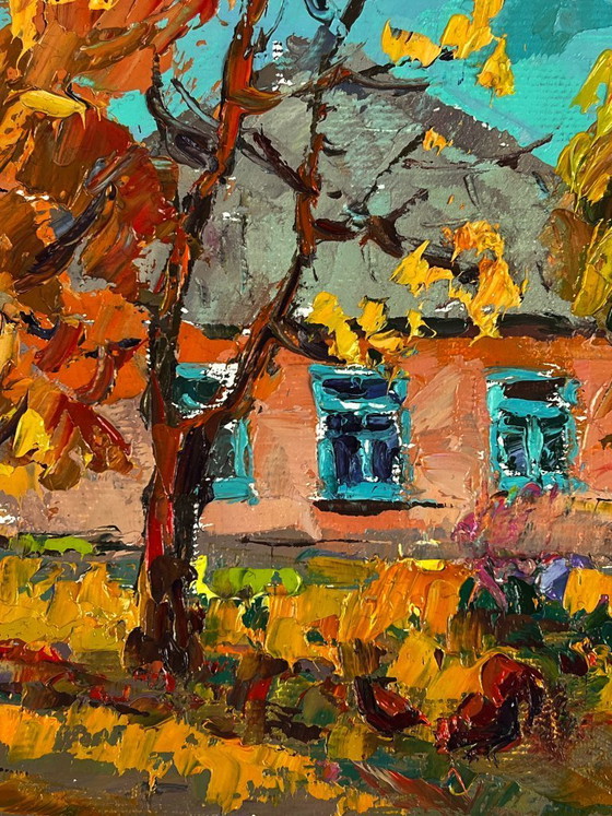 Image 1 of Peinture à l'huile originale représentant un paysage champêtre, une maison et une maison en automne dans un village