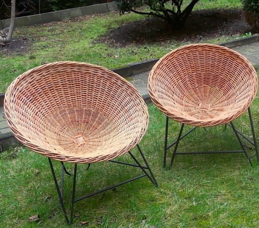Pareja de sillas Pod de bambú y hierro de mediados de siglo, años 60