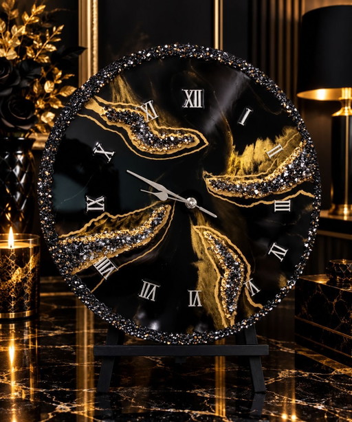 Exklusive Geode Wanduhr (40 cm) – Schwarz & Gold