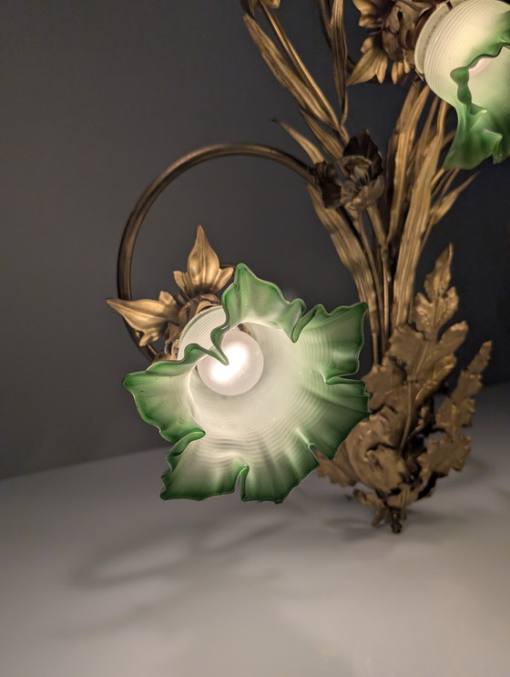 Image 1 of Jugendstil-Wandleuchter aus Kastanienblättern und grünem Glas, 1900er Jahre