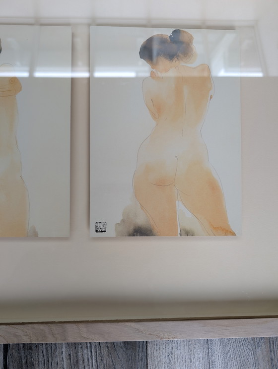 Image 1 of RARE Vintage IKEA LINDERÅS shadow box framed art of  watercoloured JAPANESE nudes from the 90s