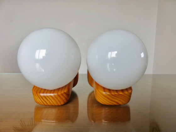 Image 1 of Pair of Scandinavian wall lights in pine and opaline glass, 1980s