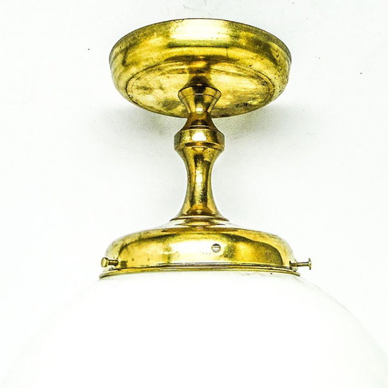 Art Deco Industrial Brass And Glass Pendant Lamp, Poland, 1950s (photo 2 of 18)