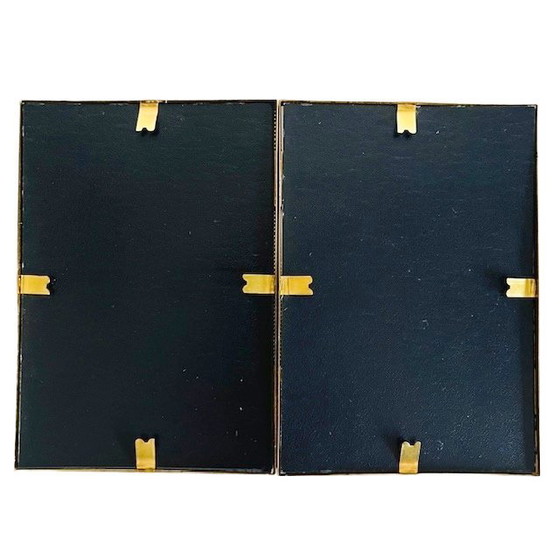 Image 1 of Dittico Art Nouveau vintage, dipinto di Alphonse Mucha, doppia cornice in metallo placcato oro, anni '80