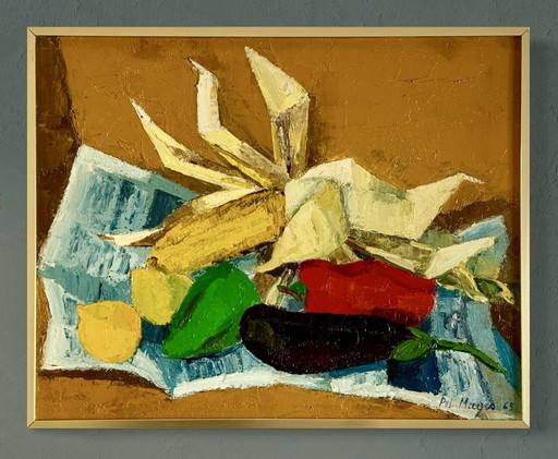 Pol Magis ( 1931 ) Wunderschönes Impressionistisches Gemälde "Nature Morte Au Maïs" Von 1965