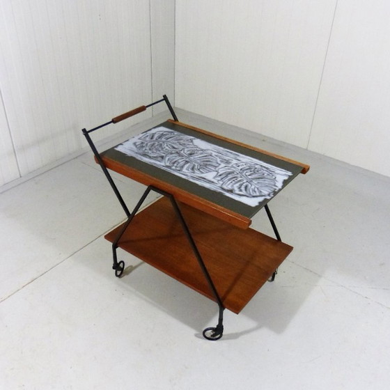 Image 1 of Carrito de teca con mosaico botánico de los años 60