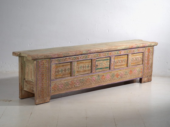 Credenza antica dipinta in legno di pino – Xinjiang, circa 1930 – Credenze con vetrina, Wood (photo 9 of 40)