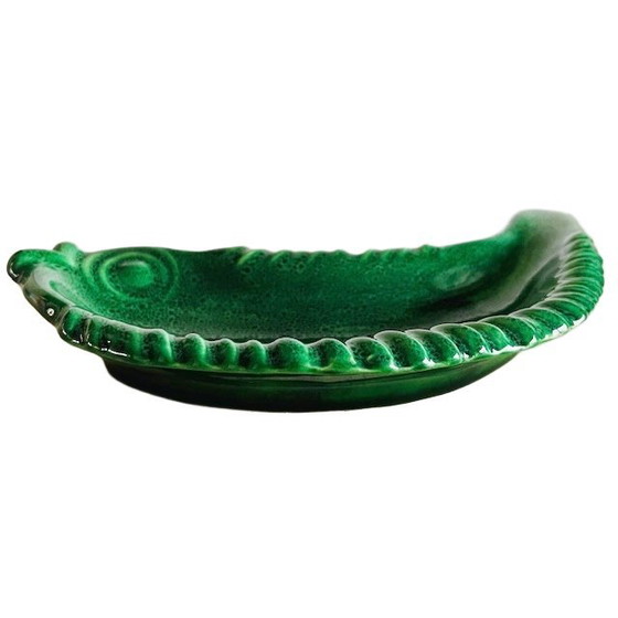 Image 1 of Antique Art Deco French Faience fish bowl green glazed ceramic vide-poche Majolica 1920's