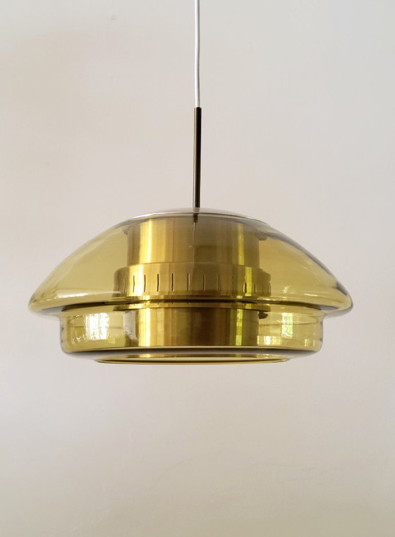 Dijkstra Space Age pendant lamp with amber glass, Netherlands 1970, Dijkstra Lampen, Metal, Yellow (photo 6 of 10)