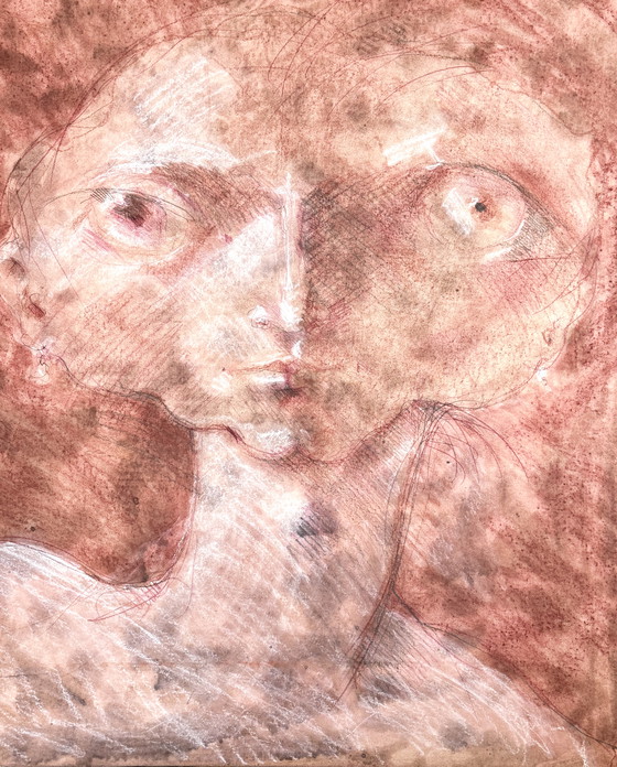 Image 1 of Robert Detheux - Large surrealist portrait on canvas - 80x70cm
