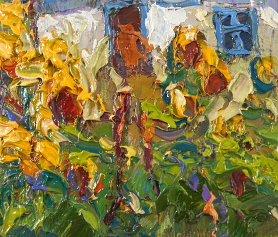 Image 1 of Original Oil Painting Summer Flowers Landscape House and Sunflowers