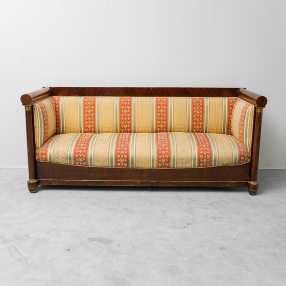 Image 1 of 3 SEATER VINTAGE WOODEN SOFA WITH STRIPED FABRIC FROM THE 50S, CLASSIC AND ELEGANT
