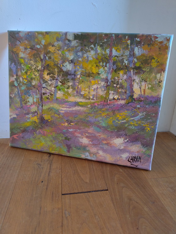 Image 1 of En cheminant en fôret" dell'artista francese Claude Carvin, olio su tela