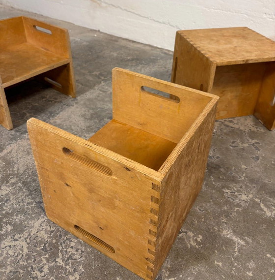 Image 1 of Set of 3 vintage Montessori wooden cube kids chairs 