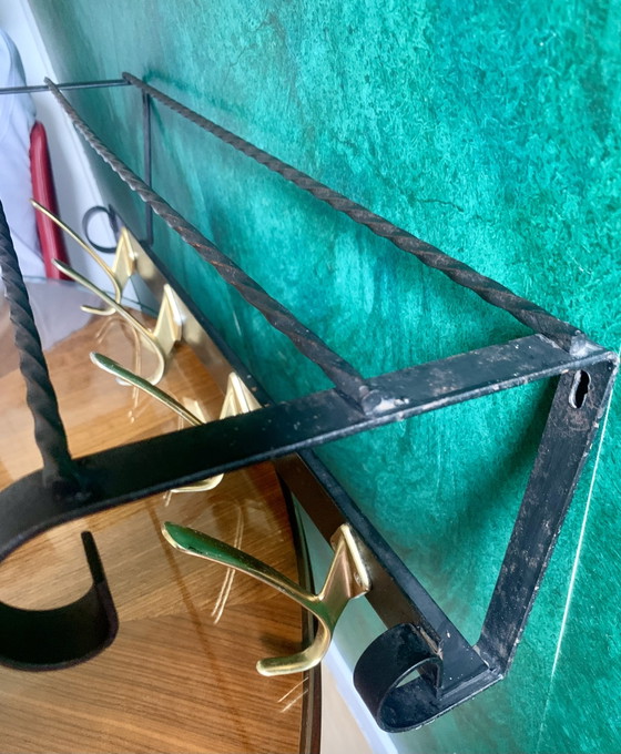 Appendiabiti e porta cappelli da parete in stile Art Déco/Mid-Century – 3 ripiani in ferro battuto e ottone (photo 6 of 15)