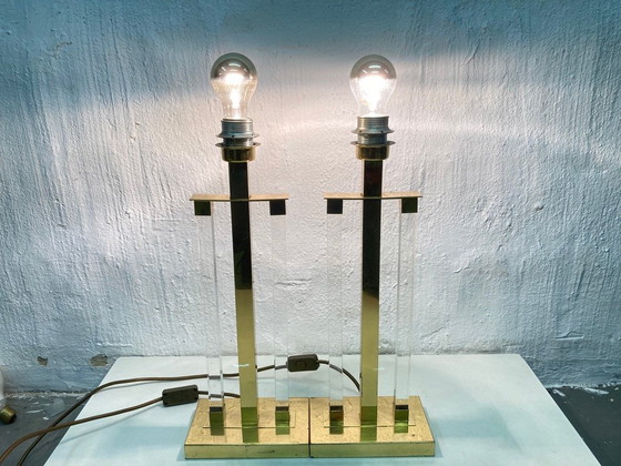 Image 1 of 2 brass and acrylic table lamps from the 1970s Hollywood Regency design