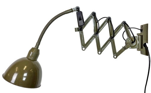 Green Industrial Military Gooseneck Scissor Wall Lamp from Elektroinstala, 1960s