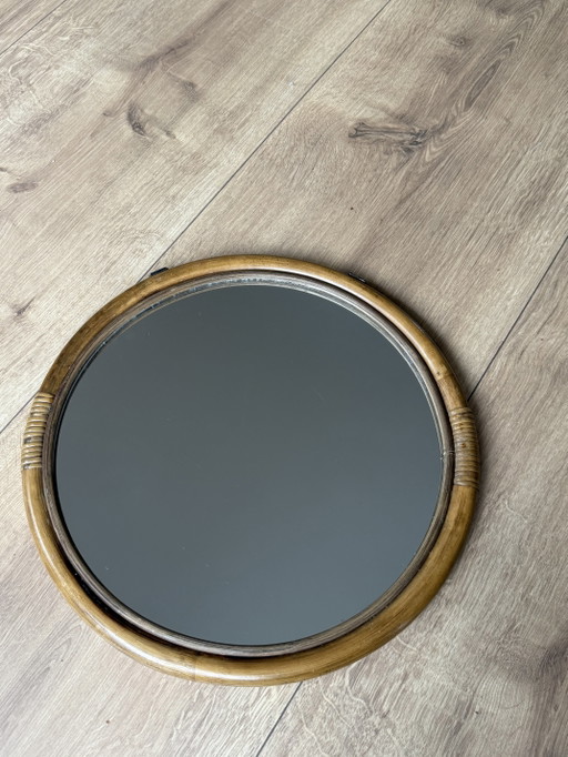 Vintage Mid-Century Modern Round Bamboo & Rattan Wall Mirror – 1960s/1970s Boho Chic Italian Style – spiegels, Glass
