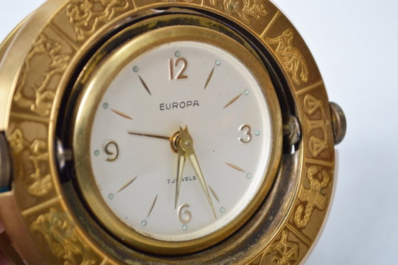 Image 1 of Astronomical Zodiac Clock / Brass & Celestial Blue Planet / 'Europa' 7 Jewels Desk Alarm Clock / Mid-Century Modern Vintage